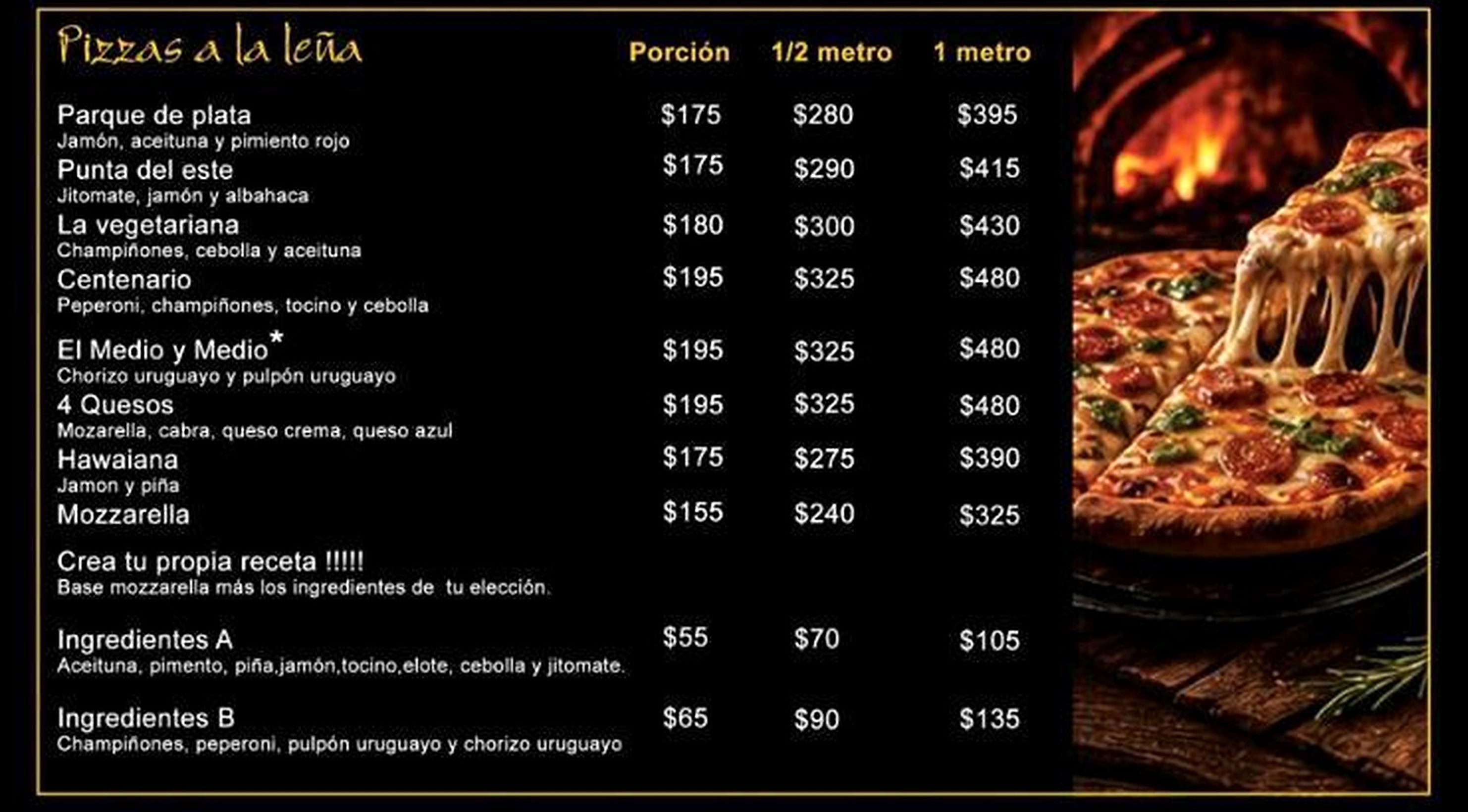 Menú de pizzas El Medio y Medio